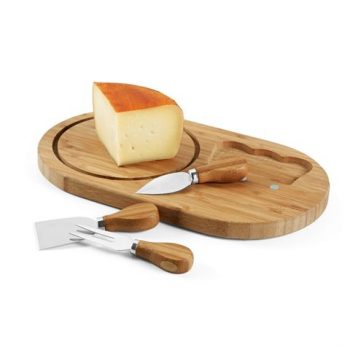 Tábua de queijos em bambu com 3 talheres em aço inox